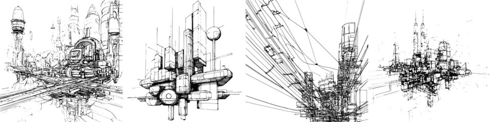 Poster - Futuristic cityscape in hand-drawn vector style showcasing advanced architecture and intricate designs