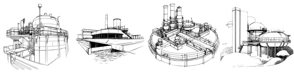 Poster - Industrial structures illustrated in hand-drawn style showing various processes and designs across a water landscape