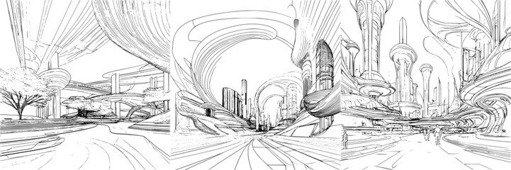 Poster - Futuristic city landscape with unique architectural designs and flowing lines in hand-drawn vector style