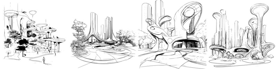 Poster - Architectural design concept featuring futuristic buildings and green spaces in a hand-drawn vector illustration