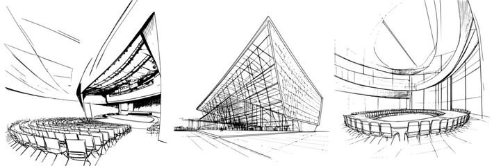 Poster - Contemporary architecture concept featuring innovative meeting spaces and an expansive auditorium in hand-drawn style