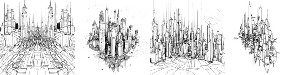Poster - Hand-drawn vector illustration of futuristic cityscapes with intricate details and towering structures