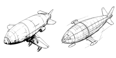 Poster - Vector illustration of hand-drawn futuristic aircraft designs with unique structures and features