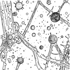 Poster - Vector illustration depicting a hand-drawn abstract network of cells and microorganisms in a scientific context