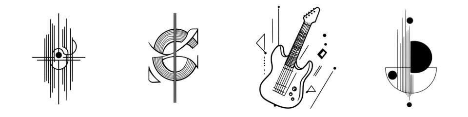 Poster - Abstract hand-drawn vector illustration featuring musical elements and geometric shapes in a minimalist style