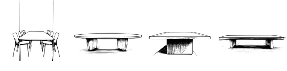 Poster - Hand-drawn vector illustration of various table designs showcasing different styles and shapes for interior decor