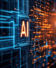 Fototapete - Modern computer chip with AI inscription. AI generative.