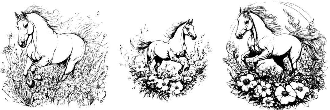 horses running through a blooming meadow captured in hand-drawn vector illustration style with flora