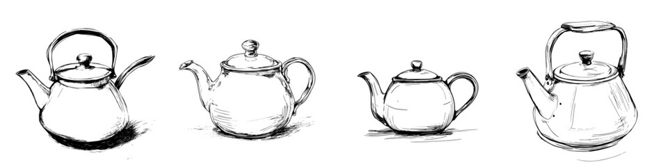 Poster - Collection of hand-drawn teapot illustrations showcasing various designs and styles in a minimalistic vector format