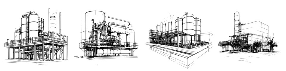 Poster - Vector illustration depicting industrial structures in a hand-drawn style showcasing various perspectives of a factory