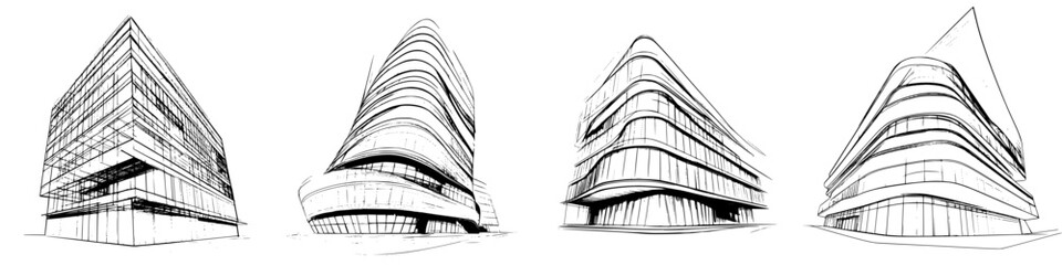 Poster - Unique hand-drawn vector illustration of modern architectural designs featuring four distinct buildings with dynamic shapes