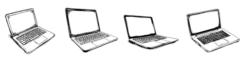 Poster - Hand-drawn vector illustration of four different laptop designs for creative projects and digital content