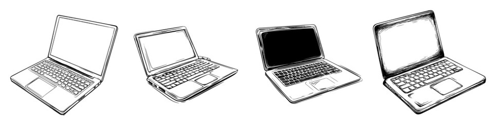 Poster - Hand-drawn vector illustration of various laptop designs showcasing different angles and screens