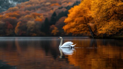 Poster - A swan is swimming in a lake surrounded by trees
