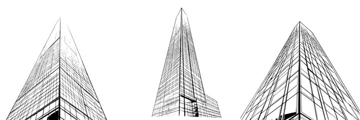 Poster - Hand-drawn vector illustration of modern skyscrapers showcasing unique architectural designs with sharp angles and glass facades