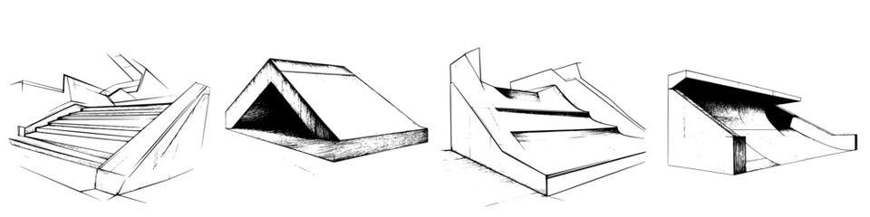 Poster - Hand-drawn vector illustration showcasing various types of ramps in an urban setting