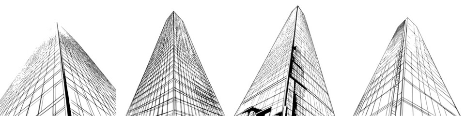 Poster - Vector illustration of towering modern skyscrapers with sharp angles in a hand-drawn style showcasing urban architecture