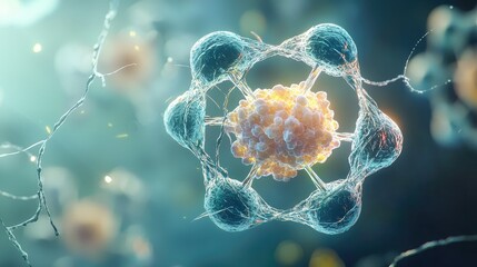 Poster - Abstract medical science illustration of an atomic nucleus with swirling energy.