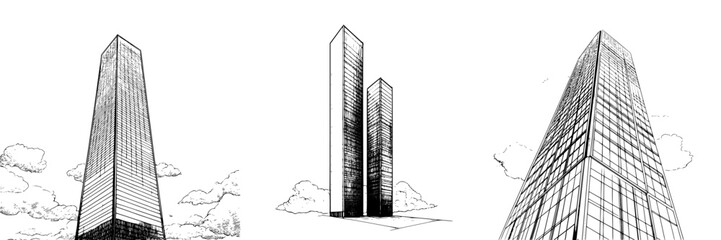 Poster - Vector illustration of modern skyscrapers with hand-drawn style showcasing urban architecture and skyline against a clear sky