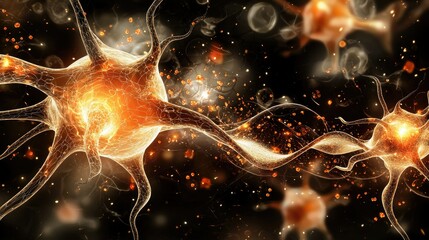 Poster - Abstract medical visualization of a DNA strand merging with a neural and molecular structure.