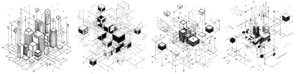 Poster - Vector illustration of urban cityscape featuring skyscrapers and geometric shapes in a hand-drawn style