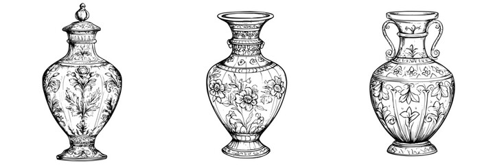 Poster - Hand-drawn vector illustration of three decorative vases with intricate floral designs in vintage style