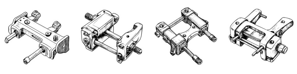 Poster - Detailed hand-drawn vector illustration of mechanical clamps in various angles showcasing intricate designs and features