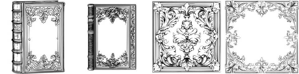 Poster - Elegant hand-drawn vector illustration of vintage book covers and ornate frames for artistic projects