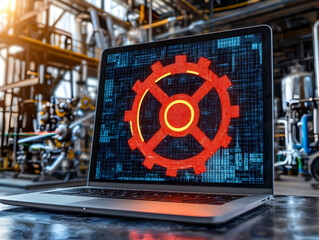 Poster - Industrial Laptop with Gear Icon, Factory Background, Technology