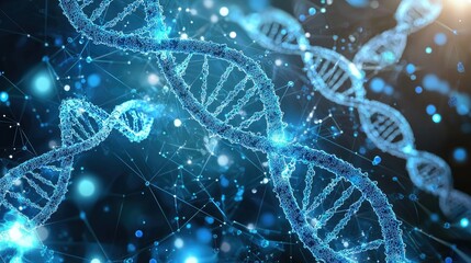 Fototapete - Artistic representation of interconnected neurons, molecules, and DNA strands glowing in blue.