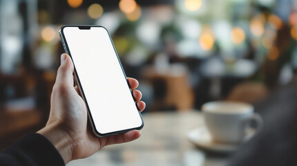 Man in cafe with smartphone, white blank screen