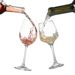 Wall Mural - Pouring different wine from bottles into glasses on white background