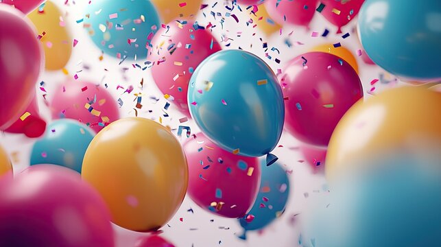Brightly colored balloons and shimmering confetti on a clean white background.