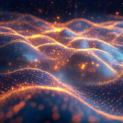 Fototapete - Glowing Particle Waves: Abstract digital art of glowing particle waves undulating across a dark backdrop.  The particles emit a warm orange and cool blue light.