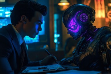 Poster - A businessman interacts with a futuristic robot at a modern workspace technology demonstration