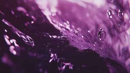 Poster - Close up shot of captivating water droplets sparkling and glistening on a vibrant shimmering purple surface  The detailed texture and reflections create a mesmerizing ethereal effect