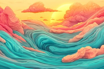 Poster - The background is white, with abstract wavy lines of blue and red