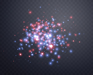 Wall Mural - Red and blue magic sparks and dust stars. Glittering dots, particles, sparkles. Glow flare light effect. Red luminous points. Vector particles on transparent background.