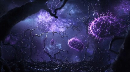 Poster - Conceptual visualization of biotechnology with glowing DNA, neuron networks, and molecules.