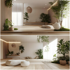 Poster - Zen Interior Design: Serene minimalist interior features light wooden floors, lush greenery, and soft textures, creating a harmonious and peaceful atmosphere for relaxation.