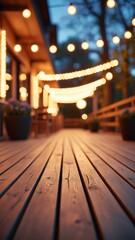 Poster - Empty modern wooden terrace with abstract night light bokeh of night festival in garden, copy space for display of product or object presentation, vintage color tone