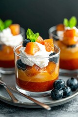 Wall Mural - Peach and blueberry dessert cups with cream on a gray background. Sweet treat