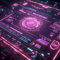 Poster - Neon Tech HUD Interface: A futuristic, vibrant neon pink and teal heads-up display (HUD) interface glows with intricate detail, showcasing complex technological data and digital information.