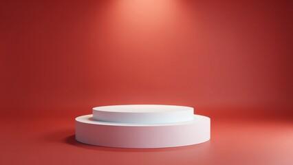 Poster - Pedestal of platform display with modern stand podium on red room background. Blank Exhibition stage backdrop or empty product shelf. 3D rendering