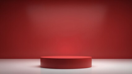 Poster - Pedestal of platform display with modern stand podium on red room background. Blank Exhibition stage backdrop or empty product shelf. 3D rendering