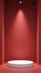 Poster - Pedestal of platform display with modern stand podium on red room background. Blank Exhibition stage backdrop or empty product shelf. 3D rendering