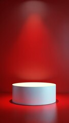 Poster - Pedestal of platform display with modern stand podium on red room background. Blank Exhibition stage backdrop or empty product shelf. 3D rendering