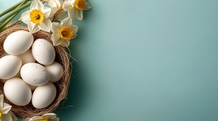 Poster - Easter eggs in delicate pastel shades are arranged in a flat lay with gorgeous spring flowers