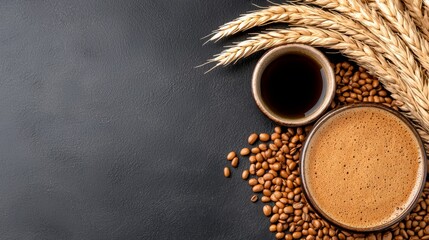 Wall Mural -  two cups of coffee and wheat ears on a black background The cups are filled with a steaming hot beverage, likely coffee, and the wheat ears are arranged around the