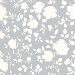 Wall Mural - Seamless pattern with abstract garden flower, stem, bud and leaf silhouette. Gray background with blossoming flower. Vintage floral hand drawn wallpaper. Vector stock illustration.